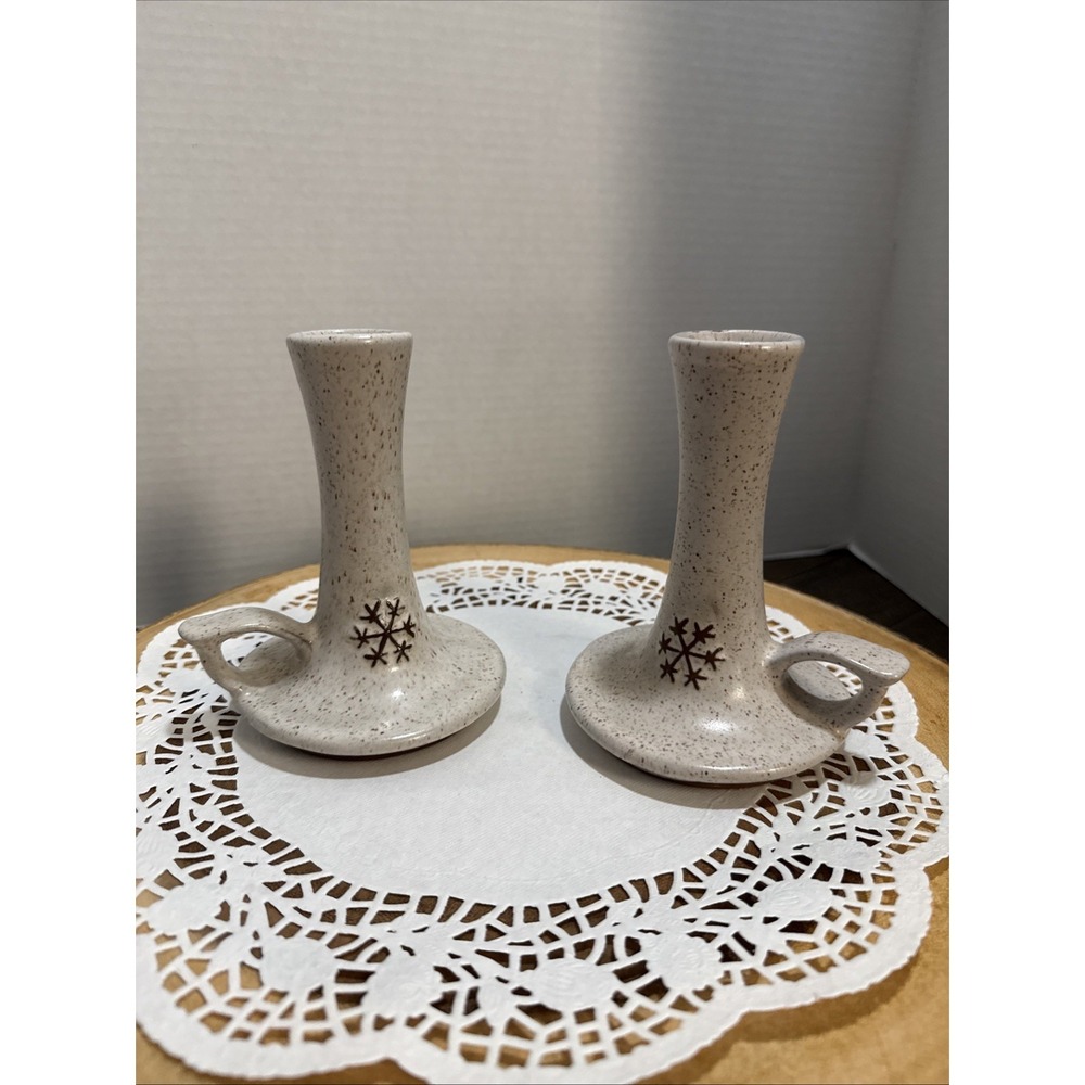 Onion River Pottery Snowflake Candlestick Holders Pair Vermont Stoneware VT